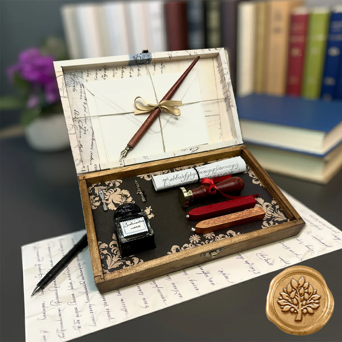 Wax Seal Kit & Calligraphy Writing Set in wooden box with Ink, Nibs & Scroll- Made In Italy - Image 8