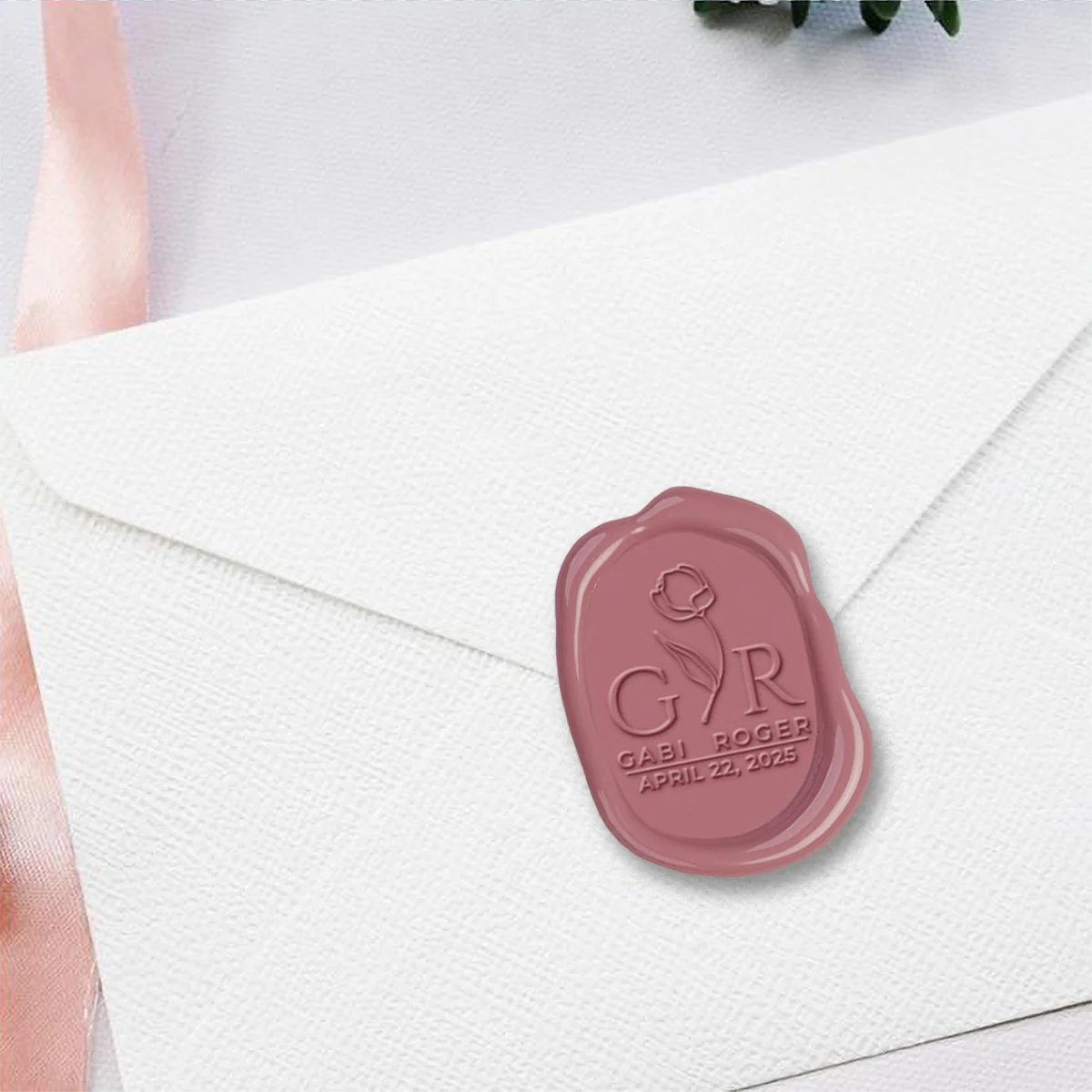 Bella Rosa Wedding Monogram Adhesive Wax Seals Rounded Oval with names #2589 bundle with stamp