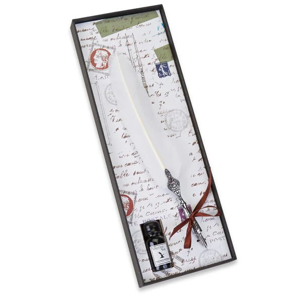 Feather Quill Pen & Ink Set-Decorated Silver Metal Dip Pen - Image 4