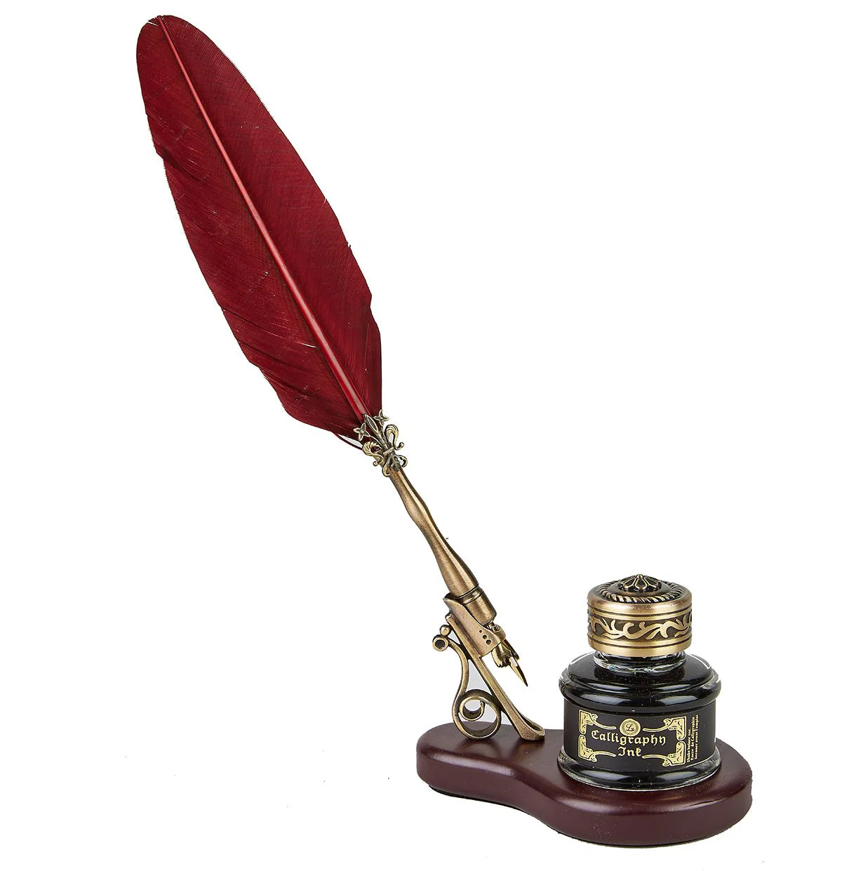 Feather Quill Pen & Wood Stand Desk Set with Ink - Image 4