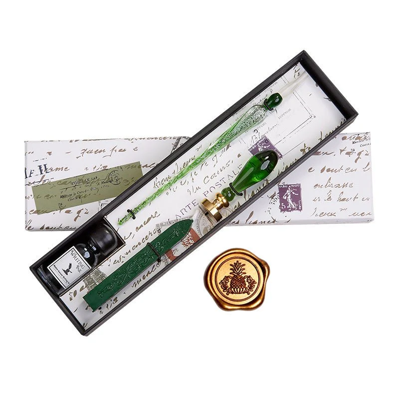 Green Glass Wax Seal & Calligraphy Pen & Ink Set - Image 6
