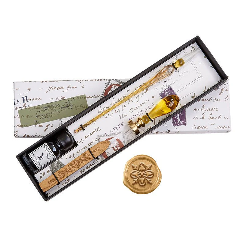 Gold Glass Wax Seal & Calligraphy Pen & Ink Set - Image 7