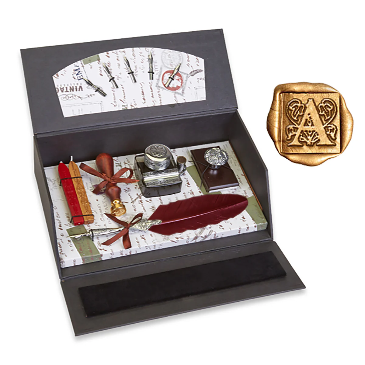 Quill Pen Writing Set Desk Box with Wax Seal Stamp, Sealing Wax, Inkwell with Holder, Blotter, Nibs and Burgundy Feather Quill - Image 10