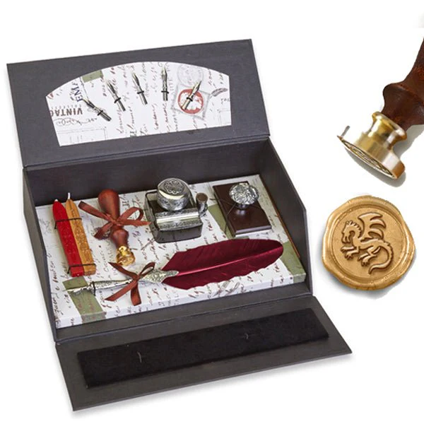 Quill Pen Writing Set Desk Box with Wax Seal Stamp, Sealing Wax, Inkwell with Holder, Blotter, Nibs and Burgundy Feather Quill - Image 4